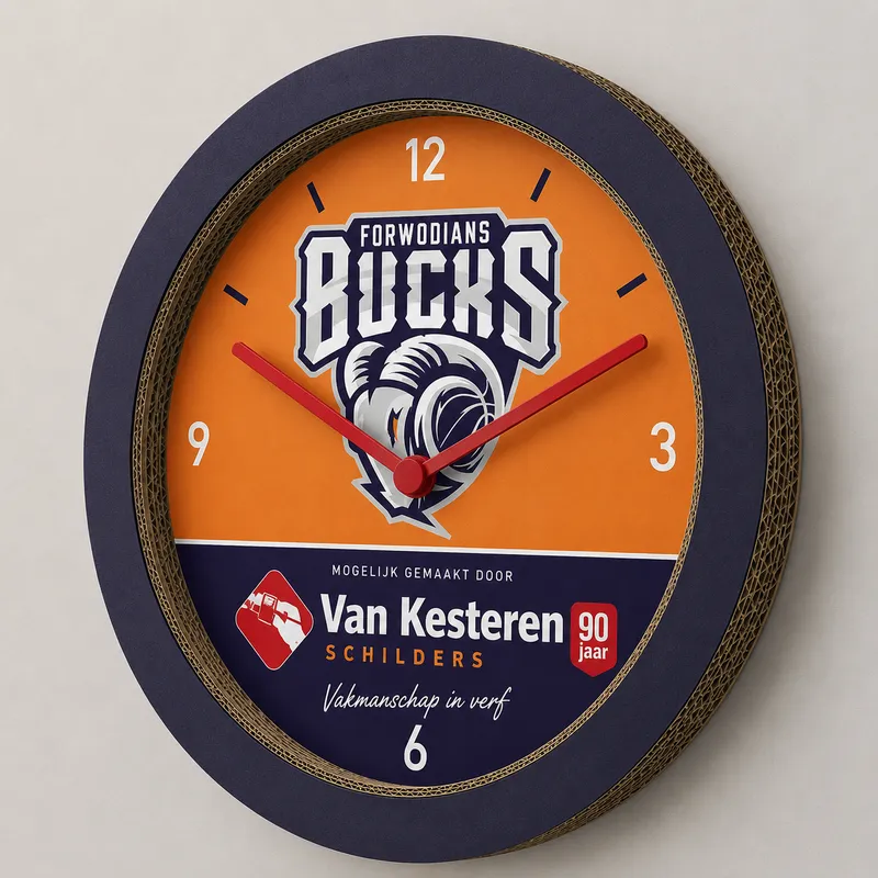 Oranje sponsorklok van basketbalclub Forwodians Bucks met clublogo en het logo van sponsor Van Kesteren Schilders