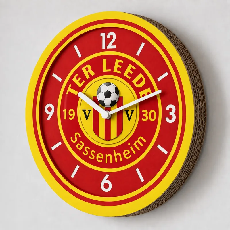 Rood-gele clubklok met het logo van voetbalvereniging vv Ter Leede uit Sassenheim