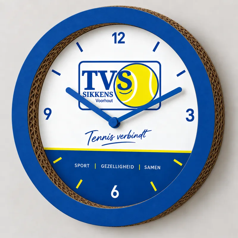 Blauw-witte clubklok met logo en clubmotto van tennisvereniging TV Sikkens Voorhout