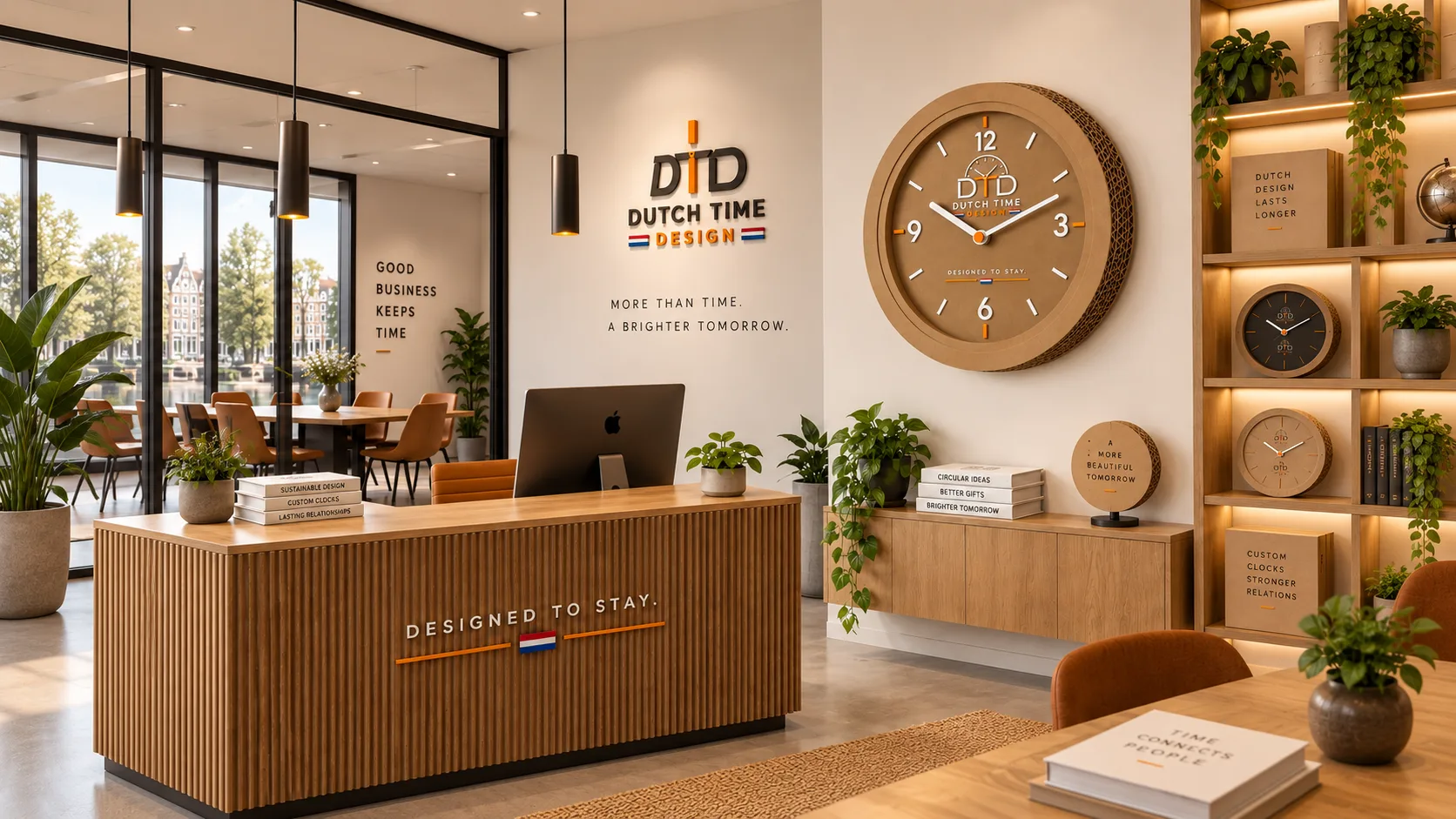 Showroom met eikenhouten balie, planten en een grote kartonnen wandklok met het Dutch Time Design logo