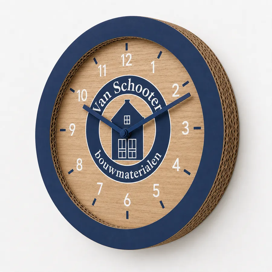 Kartonnen klok met bedrijfslogo van Van Schooten bouwmaterialen, blauwe rand en wijzerplaat in eikenhout-look
