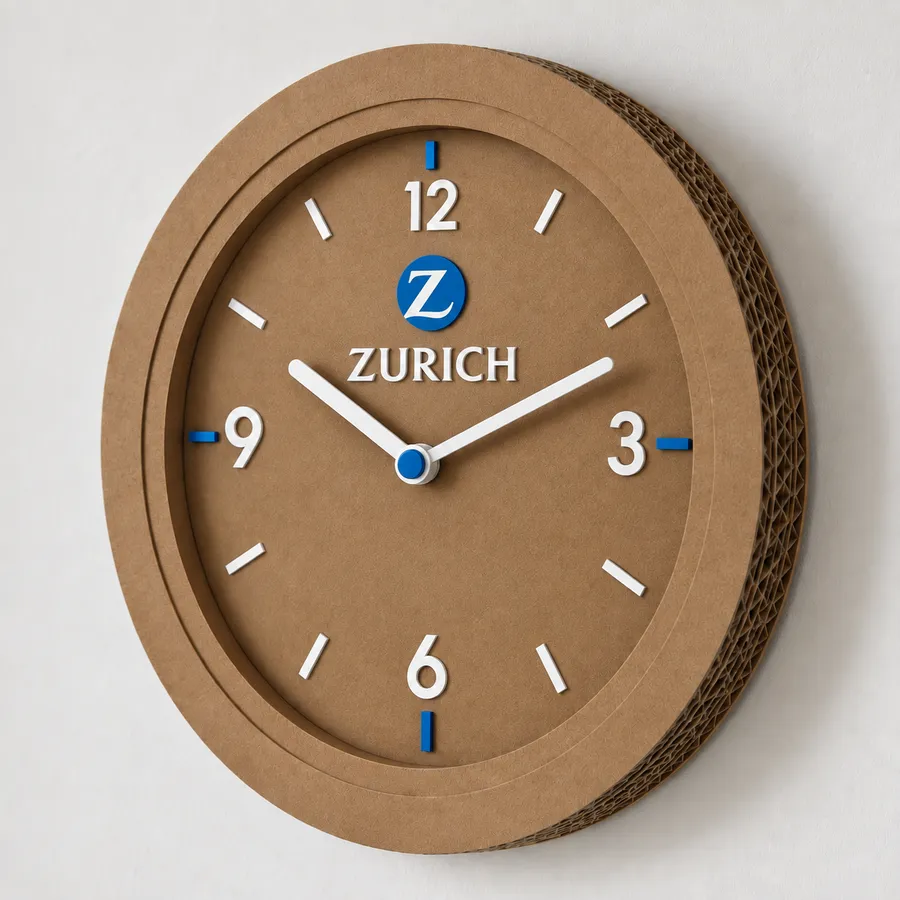 Kraft klok van gerecycled karton met het logo van verzekeraar Zurich en blauwe accenten