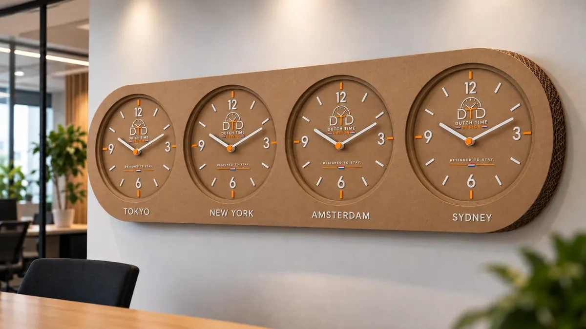 Wereldtijdklok van golfkarton met vier kraft wijzerplaten voor Tokyo, New York, Amsterdam en Sydney, met Dutch Time Design logo, aan een kantoormuur